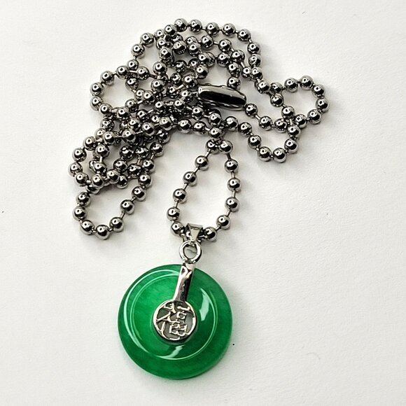 Green Jade Disc Pendant Necklace on Stainless Steel Ball Chain - Picture 1 of 12